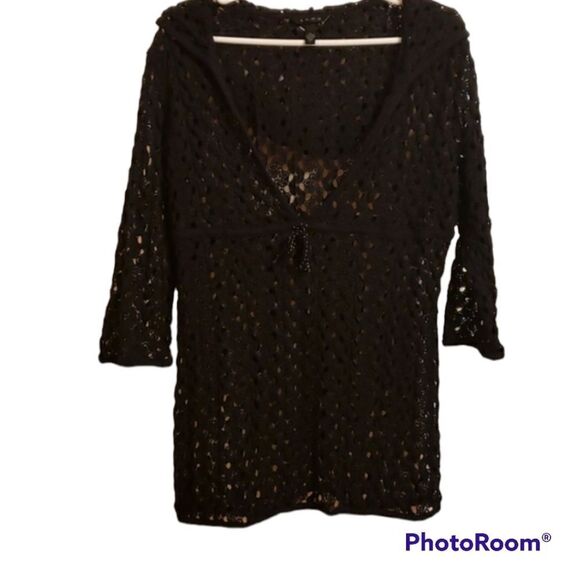 Soma sz L hooded hoodie black lace cover up shirt 3/4 sleeve cinch waist… - Picture 3 of 16